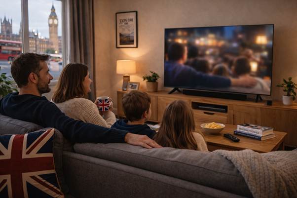 British family watching England IPTV on a Smart TV in a London living room - IPTV subscription UK
